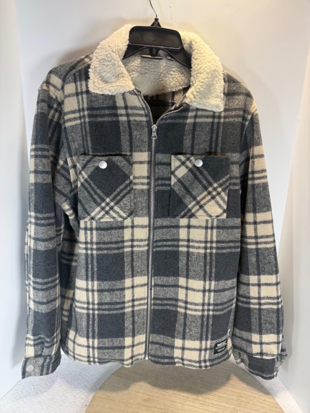 WeSC Men’s Large Plaid Sherpa Lined Shirt Jacket Shacket Gray Black Full Zip